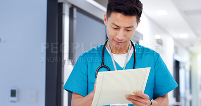 Buy stock photo Healthcare, man and nurse with document for writing, patient information and medical records. Hospital, asian person and surgeon with paperwork for diagnosis notes, review and report for treatment