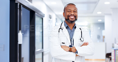 Buy stock photo Doctor, black man and portrait with arms crossed at hospital  for medical service, healthcare treatment and confidence. Medicine, cardiology and mature person for health support and clinic management