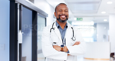 Buy stock photo Doctor, black man and portrait with arms crossed at clinic  for medical support, healthcare treatment or career pride. Medicine, cardiology and mature person for health service or hospital management