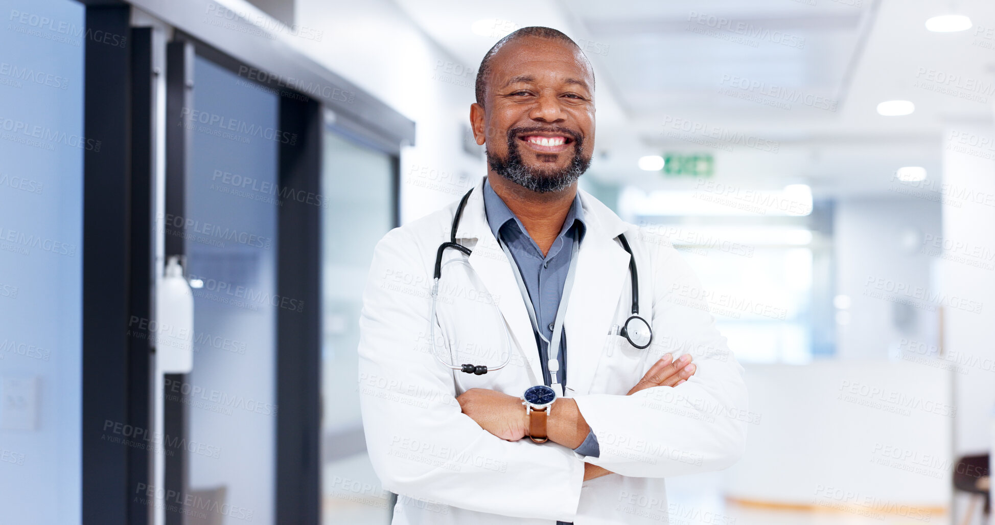 Buy stock photo Doctor, black man and portrait with arms crossed at clinic  for medical support, healthcare treatment or career pride. Medicine, cardiology and mature person for health service or hospital management