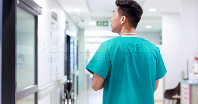 Buy stock photo Hospital, man and nurse thinking of healthcare idea, wellness solution or reflection for opportunity. Medical worker, clinic and vision for planning, problem solving or decision with back in hallway