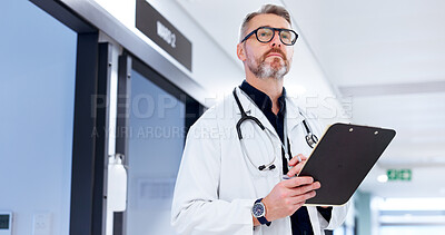 Buy stock photo Doctor, thinking and man with clipboard at hospital for patient health solution, medical report or information. Expert, mature person or documents for healthcare insurance, diagnosis results or chart