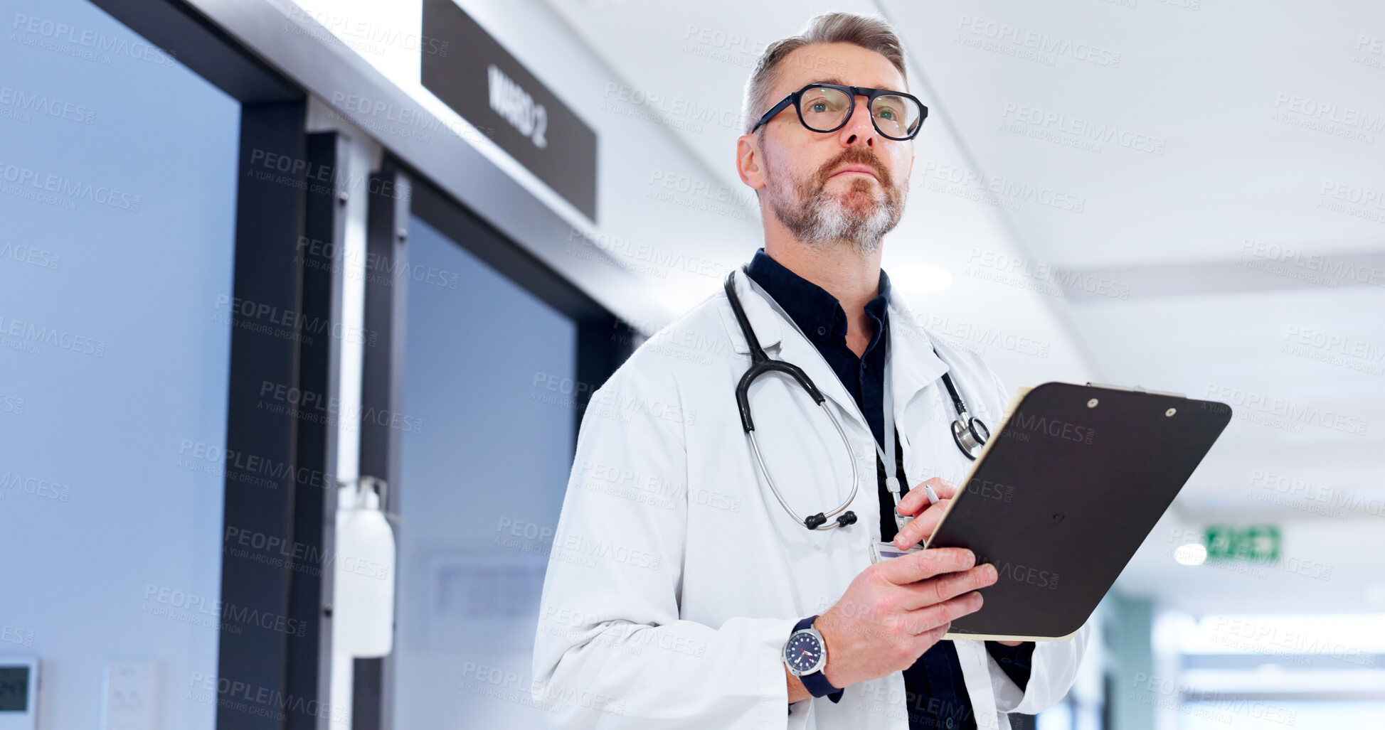 Buy stock photo Doctor, thinking and man with clipboard at hospital for patient health solution, medical report or information. Expert, mature person or documents for healthcare insurance, diagnosis results or chart