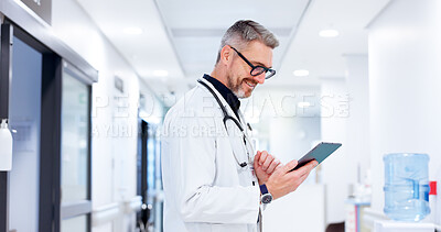 Buy stock photo Smile, man and doctor with tablet in healthcare, patient information and medical research. Hospital, mature person and surgeon with digital for diagnosis results, telehealth and report for treatment