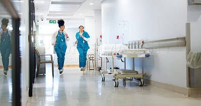 Buy stock photo Doctor, nurse and running for hospital emergency with urgent healthcare, patient crisis and medical teamwork. Health team, clinic and rush in hallway for code blue, trauma service and quick surgery