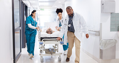 Buy stock photo Gurney, healthcare or rush with doctors and nurses in hospital for emergency, operation or surgery. Medical, running and urgency with medicine professional team in hallway to save patient or victim