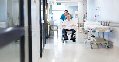 Buy stock photo Healthcare, nurse and person with disability in wheelchair for checkup, recovery or treatment. Medical, physiotherapy or rehabilitation with medicine professional and patient in hospital hallway
