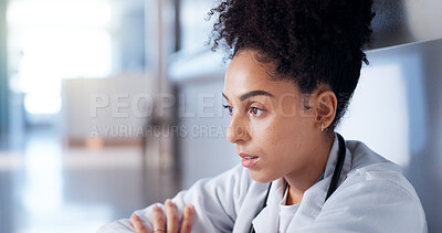 Buy stock photo Depression, woman and doctor in lobby, thinking or sad with burnout, bad news or medical challenge. Person, pressure or professional with mistake, tired or pressure with failure in emergency service