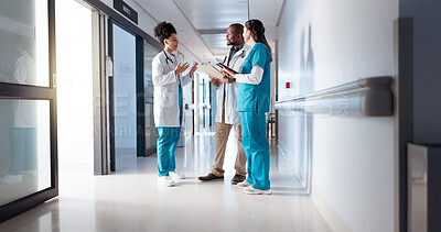 Buy stock photo Healthcare, doctors and discussion in hospital for meeting, diagnosis feedback and patient chart for opinion. People, medical team or tablet in clinic for information, service brainstorming treatment