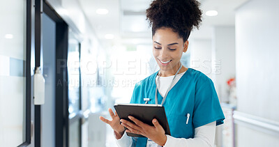 Buy stock photo Smile, woman and nurse with tablet in healthcare, patient information and medical research. Hospital, female person and surgeon with digital for diagnosis results, telehealth and report for treatment