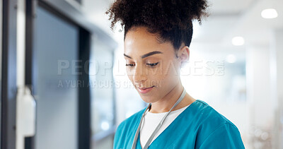 Buy stock photo Hospital, woman and nurse thinking of healthcare idea, wellness solution and reflection for opportunity. Happy medical worker, clinic and vision for planning, problem solving and insight for decision