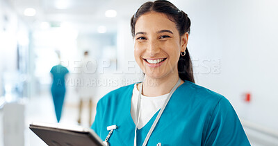 Buy stock photo Happy, tablet and face of nurse in hospital for telehealth, medical service and research in clinic. Healthcare, wellness and portrait of woman on digital tech for online diagnosis, report or schedule