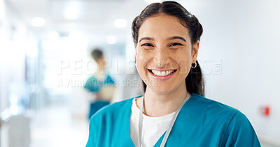 Buy stock photo Happy, woman and portrait of nurse in hospital hallway for medical career growth with pride. Smile, professional and female healthcare worker from Brazil with confidence in nursing clinic corridor.