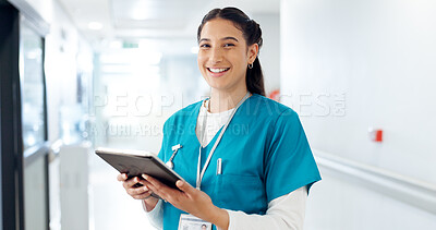 Buy stock photo Nurse, tablet and face of woman in hospital for telehealth, medical service or research in clinic. Healthcare, wellness and portrait of person on digital tech for online diagnosis, report or schedule