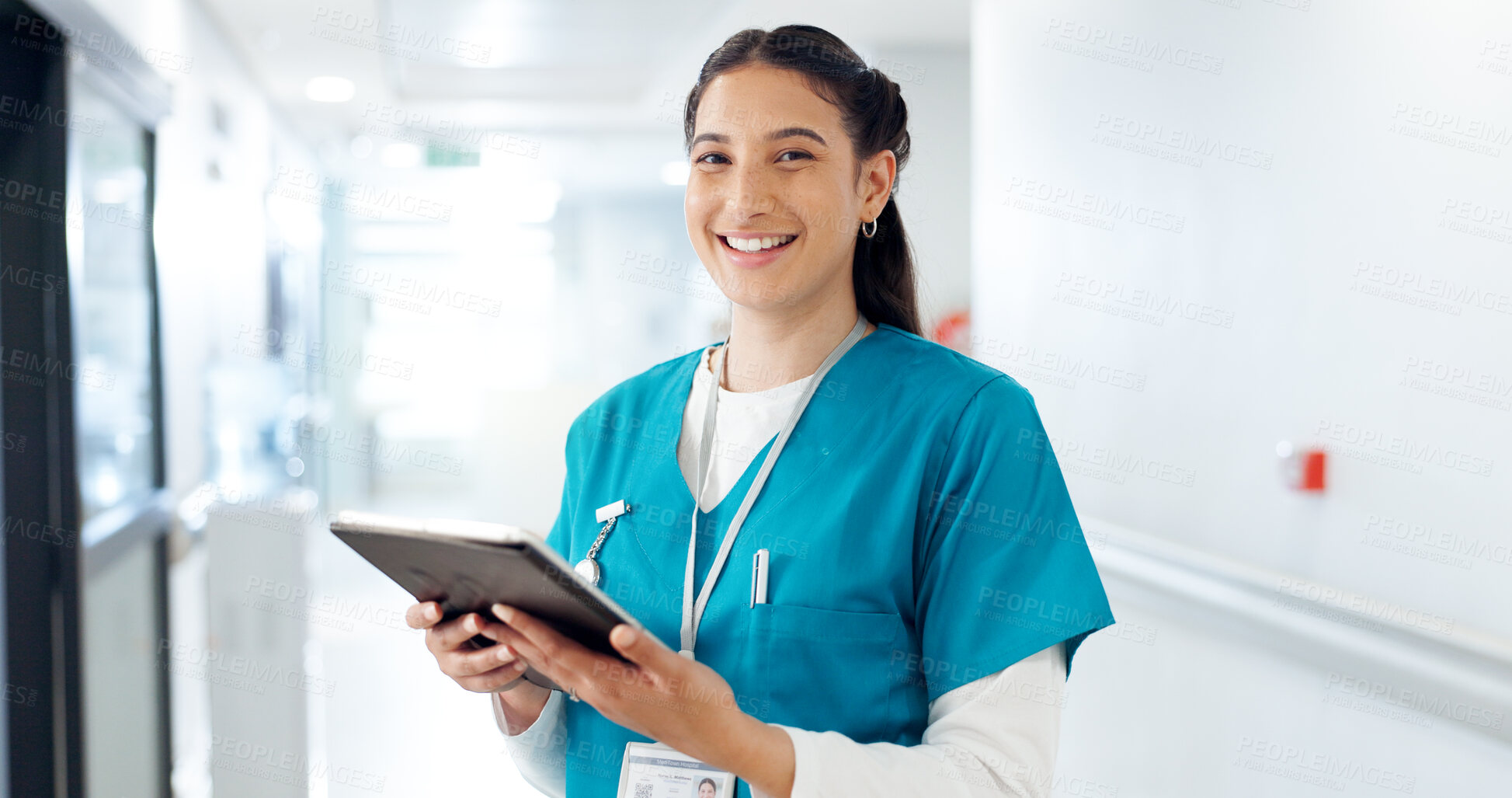 Buy stock photo Nurse, tablet and face of woman in hospital for telehealth, medical service or research in clinic. Healthcare, wellness and portrait of person on digital tech for online diagnosis, report or schedule
