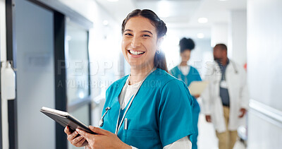 Buy stock photo Laugh, tablet and face of nurse in hospital for telehealth, medical service and research in clinic. Healthcare, wellness and portrait of woman on digital tech for online diagnosis, report or schedule