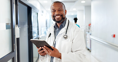 Buy stock photo Portrait, doctor and man in clinic, tablet and internet with cancer research, online schedule and career ambition. Smile, mature person and medical with professional, digital app for email and pride
