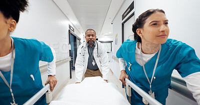 Buy stock photo Gurney, healthcare and pov with doctors in hospital for emergency, operation or surgery. Medical, rush and urgency with team of medicine professionals running in hallway to save patient or victim