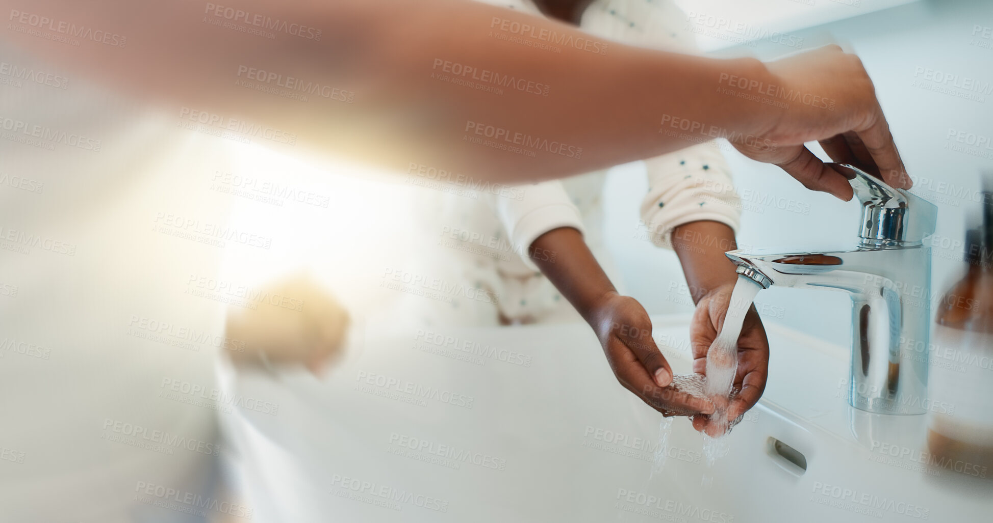 Buy stock photo Hygiene, tap and parent with child for washing hands in bathroom for learning. Support, teaching and person with kid for cleaning skin for prevention of bacteria, dirt or dust in home together.