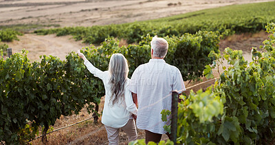Buy stock photo Love, back and travel with old couple in nature for romance, anniversary date and bonding. Walking, retirement and view with senior man and woman at vineyard for holding hands, relax and vacation