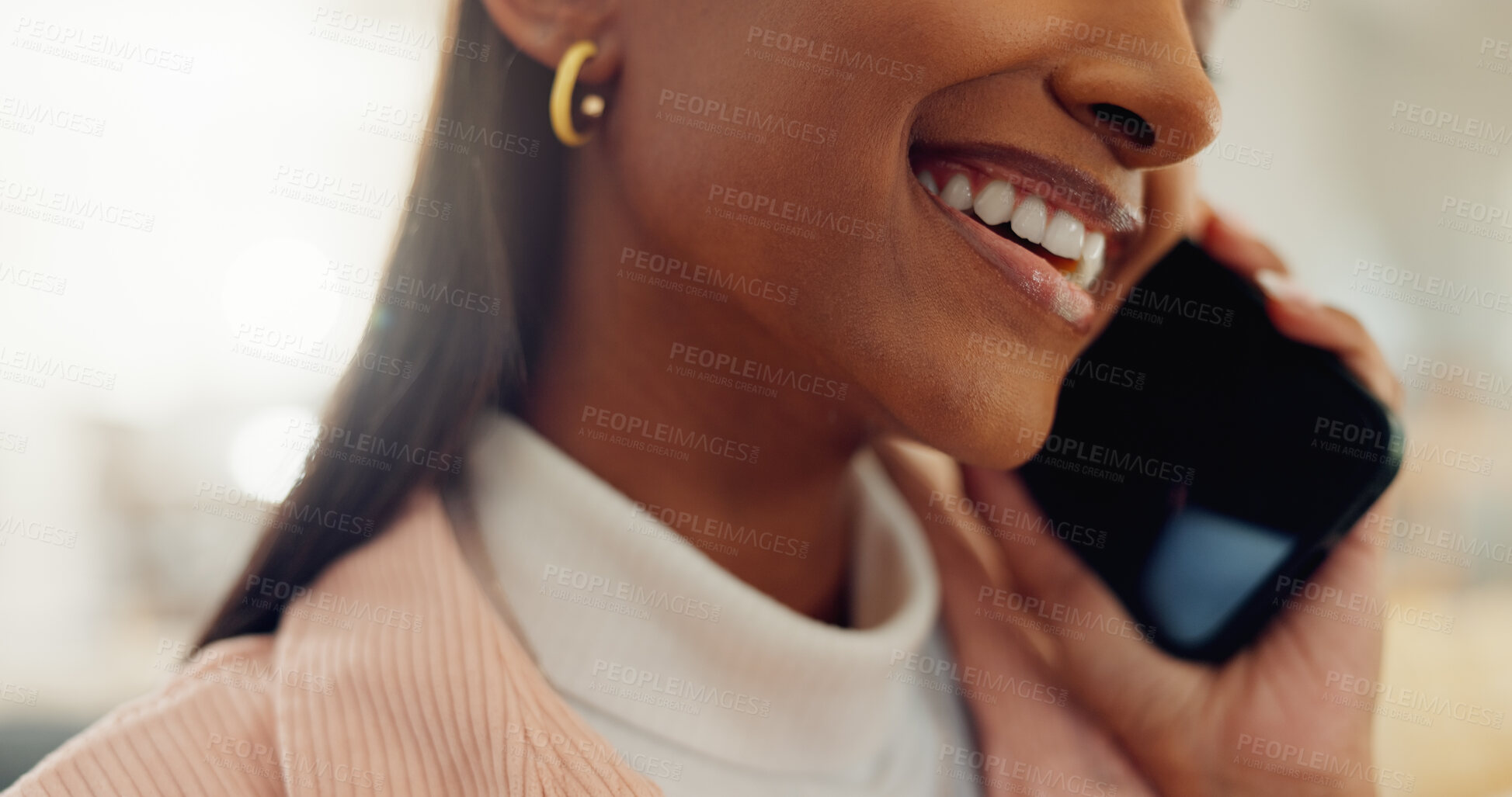 Buy stock photo Home, woman and mouth with phone call for conversation, weekend plans and gossip chat with contact. Closeup, smile and female person with mobile for communication, happiness and listening to story