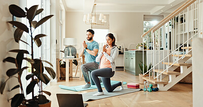 Buy stock photo Fitness, laptop and yoga with couple in living room of home for bonding, health or wellness together. Computer, exercise or online course with man and woman in apartment for awareness or balance