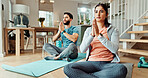 Exercise, meditation and yoga with couple in living room of home for bonding, health or wellness together. Fitness, holistic or inner peace with man and woman in apartment for balance or relax