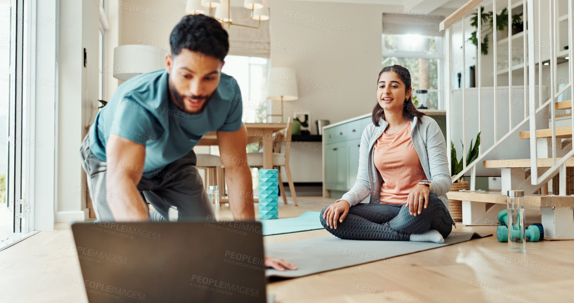 Buy stock photo Fitness, laptop and yoga with couple on floor of living room for start of online course together. Exercise, holistic or wellness with man and woman in apartment for awareness, balance or pilates