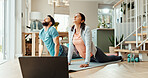 Fitness, laptop and stretching with couple in living room of home for bonding, health or wellness together. Exercise, position or yoga with man and woman in apartment for online holistic course