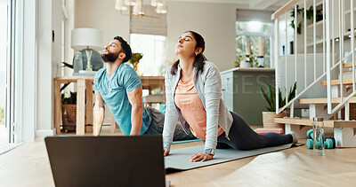 Buy stock photo Fitness, laptop and stretching with couple in living room of home for bonding, health or wellness together. Exercise, position or yoga with man and woman in apartment for online holistic course