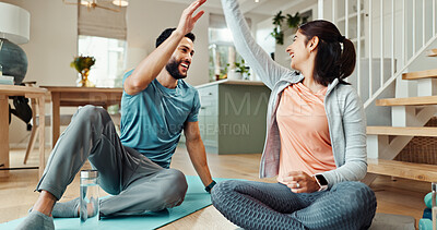 Buy stock photo Fitness, high five and smile with couple in living room of home for bonding, health or wellness together. Exercise, holistic or success with man and woman in apartment for yoga goals or milestone