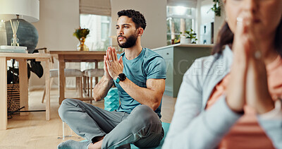 Buy stock photo Fitness, meditation and yoga with couple in living room of home for bonding, health or wellness together. Exercise, holistic or inner peace with man and woman in apartment for awareness or balance