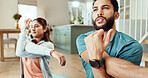Arms, exercise and stretching with couple in living room of home for bonding, health or wellness together. Fitness, getting ready or warm up with man and woman in apartment for balance or preparation