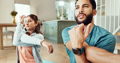 Buy stock photo Arms, exercise and stretching with couple in living room of home for bonding, health or wellness together. Fitness, getting ready or warm up with man and woman in apartment for balance or preparation