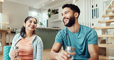 Buy stock photo Fitness, laughing and love with couple in living room of home for bonding, health or wellness together. Exercise, funny or yoga with man and woman in apartment for balance, relationship or relax