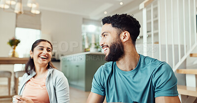 Buy stock photo Fitness, love and smile with couple in living room of home for bonding, health or wellness together. Exercise, holistic or yoga with man and woman in apartment for balance, relationship or relax