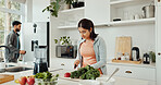 Health, ingredients and couple with smoothie in home for wellness, nutrition or diet breakfast. Groceries, bonding and man helping woman with blender for juice detox in kitchen at apartment together.