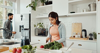 Buy stock photo Health, ingredients and couple with smoothie in home for wellness, nutrition or diet breakfast. Groceries, bonding and man helping woman with blender for juice detox in kitchen at apartment together.