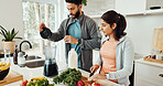 Blender, ingredients and couple with smoothie in home for wellness, nutrition or diet breakfast. Groceries, health and man helping woman with blender for juice detox in kitchen at apartment together.