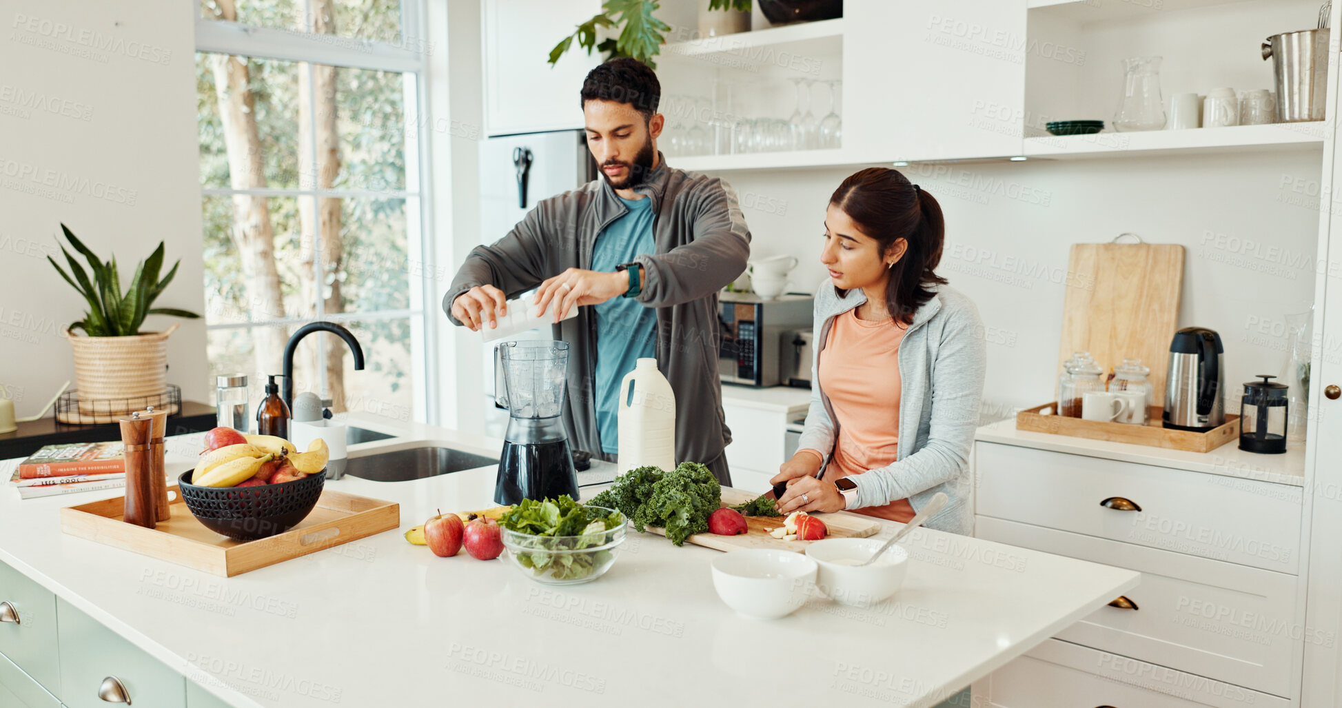 Buy stock photo Home, blender and couple with smoothie, ingredients and balance with health benefits, fruits and nutrition. Kitchen, people or man with woman, detox and wellness with meal prepare, breakfast and diet
