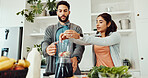 Help, blender and couple in kitchen, smooth and balance with health benefits, diet and bonding together. Apartment, fruits and man with woman, nutrition and wellness with fitness, breakfast and home