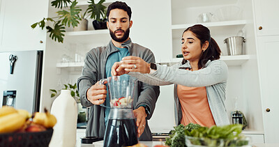 Buy stock photo Help, blender and couple in kitchen, smooth and balance with health benefits, diet and bonding together. Apartment, fruits and man with woman, nutrition and wellness with fitness, breakfast and home