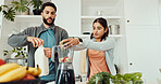 Fruits, blender and couple in kitchen, smooth and balance with health benefits, wellness and bonding together. Home, vegetables and man with woman, nutrition and detox recipe with breakfast and diet