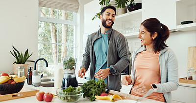 Buy stock photo Laugh, ingredients and couple with smoothie in home for wellness, nutrition or diet breakfast. Groceries, bonding and man helping woman with blender for juice detox in kitchen at apartment together.
