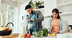 Home, blender and couple with help, smoothie and balance with wellness, detox recipe and bonding together. Apartment, support and man with woman, nutrition and diet with breakfast and protein shake