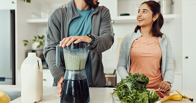 Buy stock photo Hands, blender and couple with smoothie, home and balance with health benefits, smile and detox. Kitchen, people and man with woman, nutrition and wellness with ingredients, breakfast and meal prep