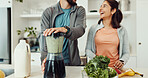 Smile, blender and couple with smoothie, home and balance with health benefits, wellness and bonding together. Ingredients, people or man with woman, nutrition and recipe with breakfast or vegan diet