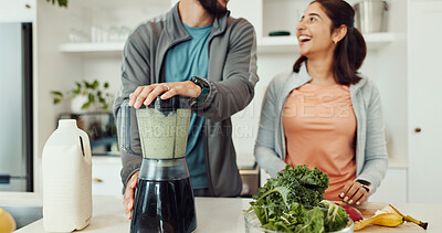 Buy stock photo Smile, blender and couple with smoothie, home and balance with health benefits, wellness and bonding together. Ingredients, people or man with woman, nutrition and recipe with breakfast or vegan diet