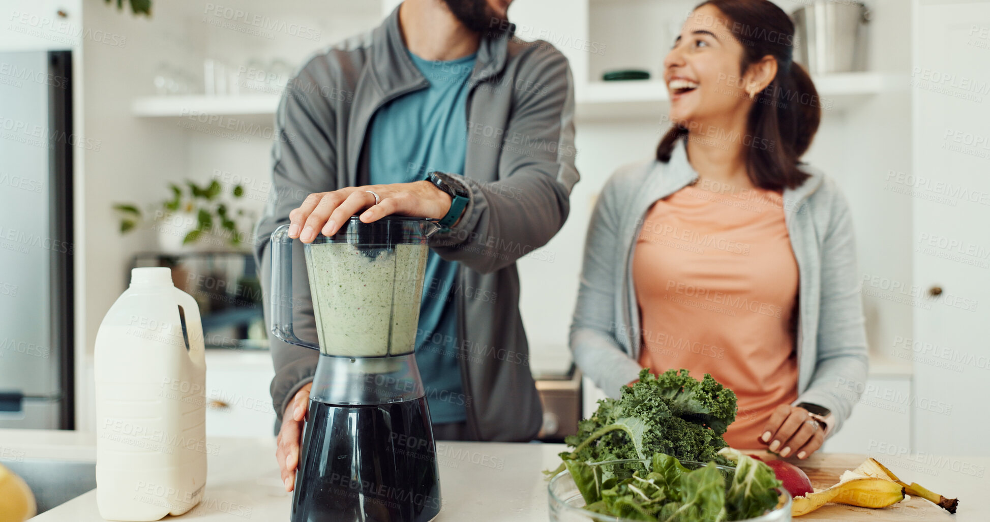 Buy stock photo Smile, blender and couple with smoothie, home and balance with health benefits, wellness and bonding together. Ingredients, people or man with woman, nutrition and recipe with breakfast or vegan diet