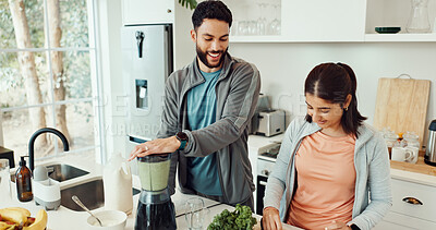 Buy stock photo Home, blender and couple in kitchen, smooth and balance with health benefits, smile and bonding together. Apartment, people and man with woman, nutrition and wellness with fitness, breakfast and diet